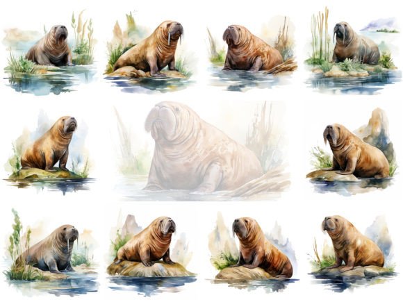 Download Cute Watercolor Walrus Clipart Image Set - Set Collection