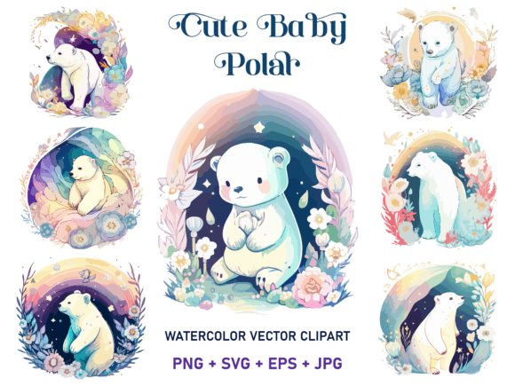 Download Cute Polar Bear Floral Watercolor Svg - Polar bear Collection