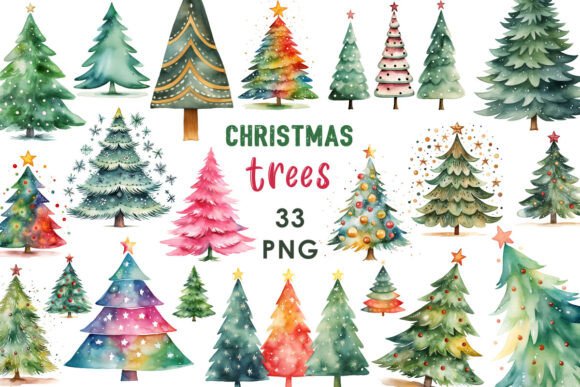 Download Watercolor Christmas Trees Clipart Set - Set Collection