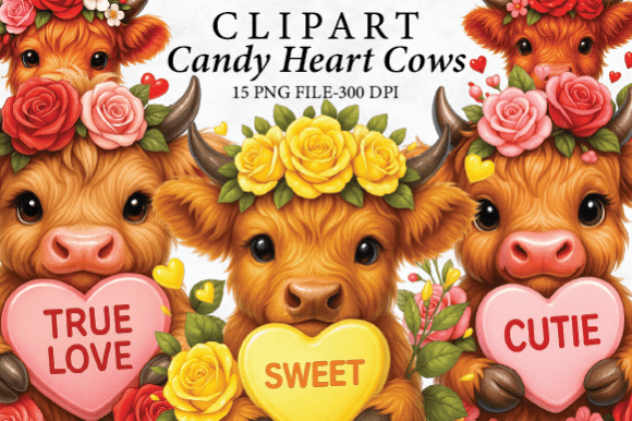 Download Valentine Candy Highland Cow Clipart Set - Set Collection