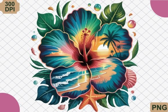 Download Tropical Hibiscus Sunset Beach PNG - Set Collection