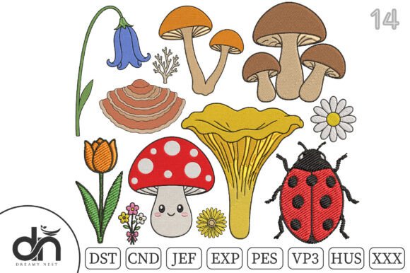 Download 14 Tiny Mushroom Floral Embroidery Set - Set Collection