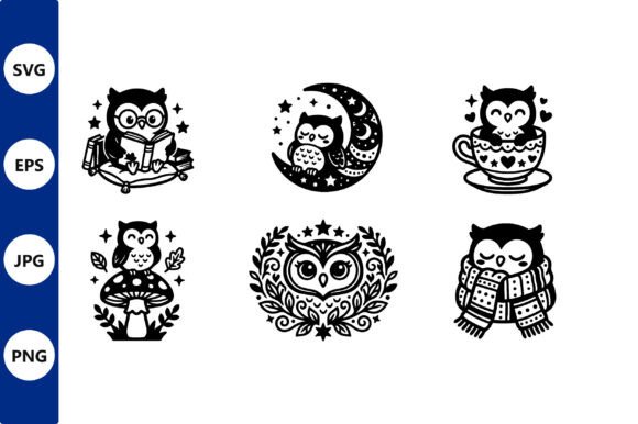 Download Cute Black White Owl Vector Art Set - Set Collection