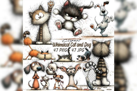 Download Whimsical Cat &amp; Dog Friends Clipart Set - Set Collection