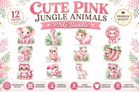 Download Cute Pink Jungle Animals PNG Clipart Set - Set Collection