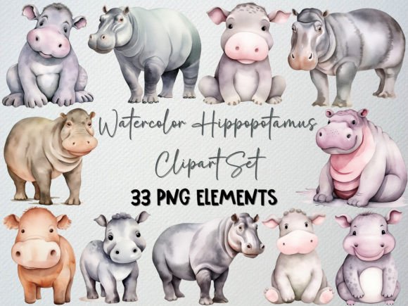 Download Watercolor Hippo Clipart Set, Baby Hippo - Set Collection