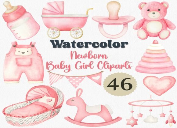 Download Watercolor Newborn Baby Girl Clipart Set - Set Collection