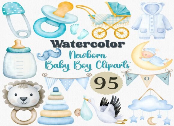 Download Watercolor Newborn Baby Boy Clipart Set - Set Collection
