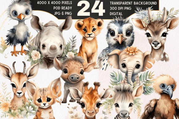 Download 24 Boho Baby Safari Animals Clipart Set - Set Collection